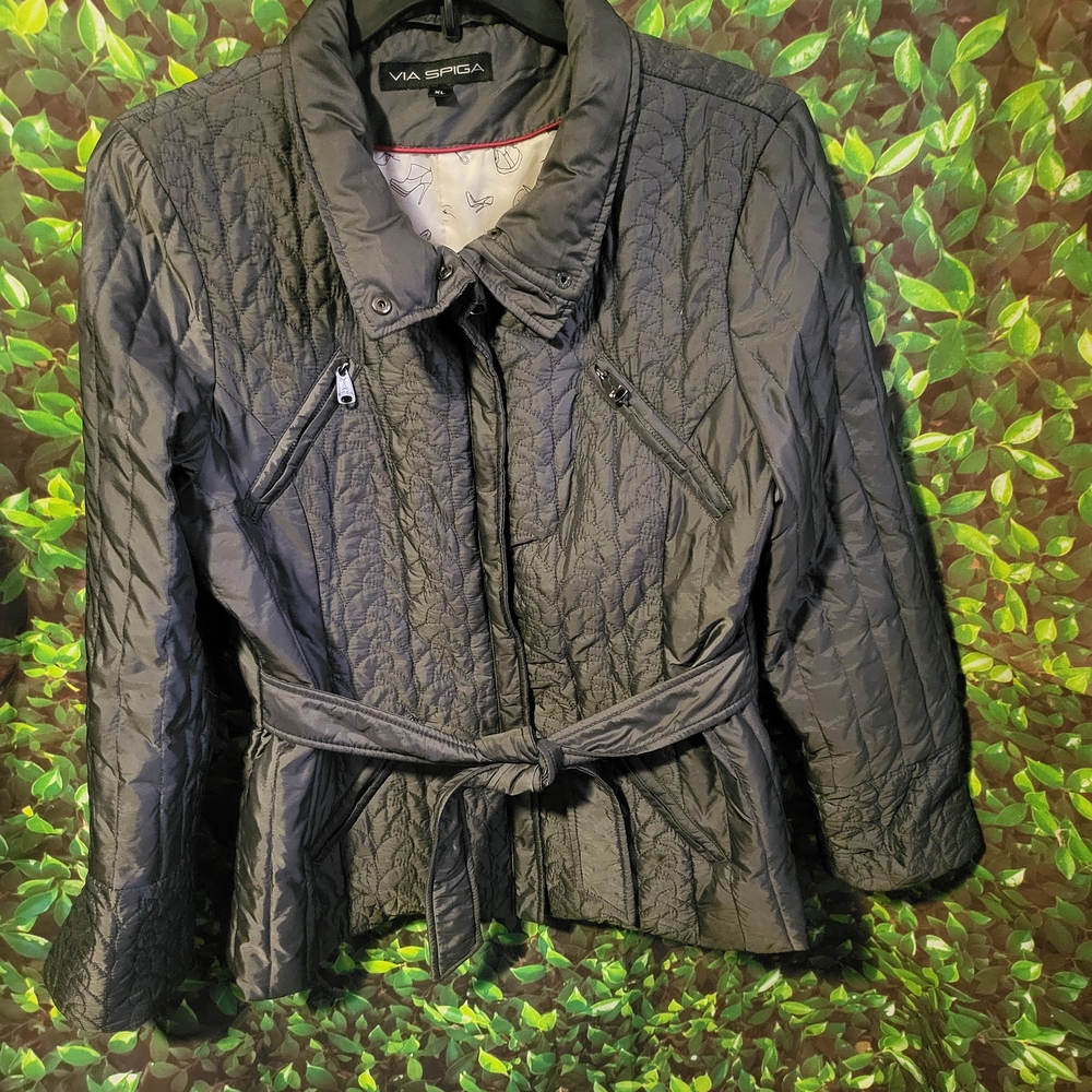 Via Spiga Charcoal Quilted Belted Jacket with Zip Pockets